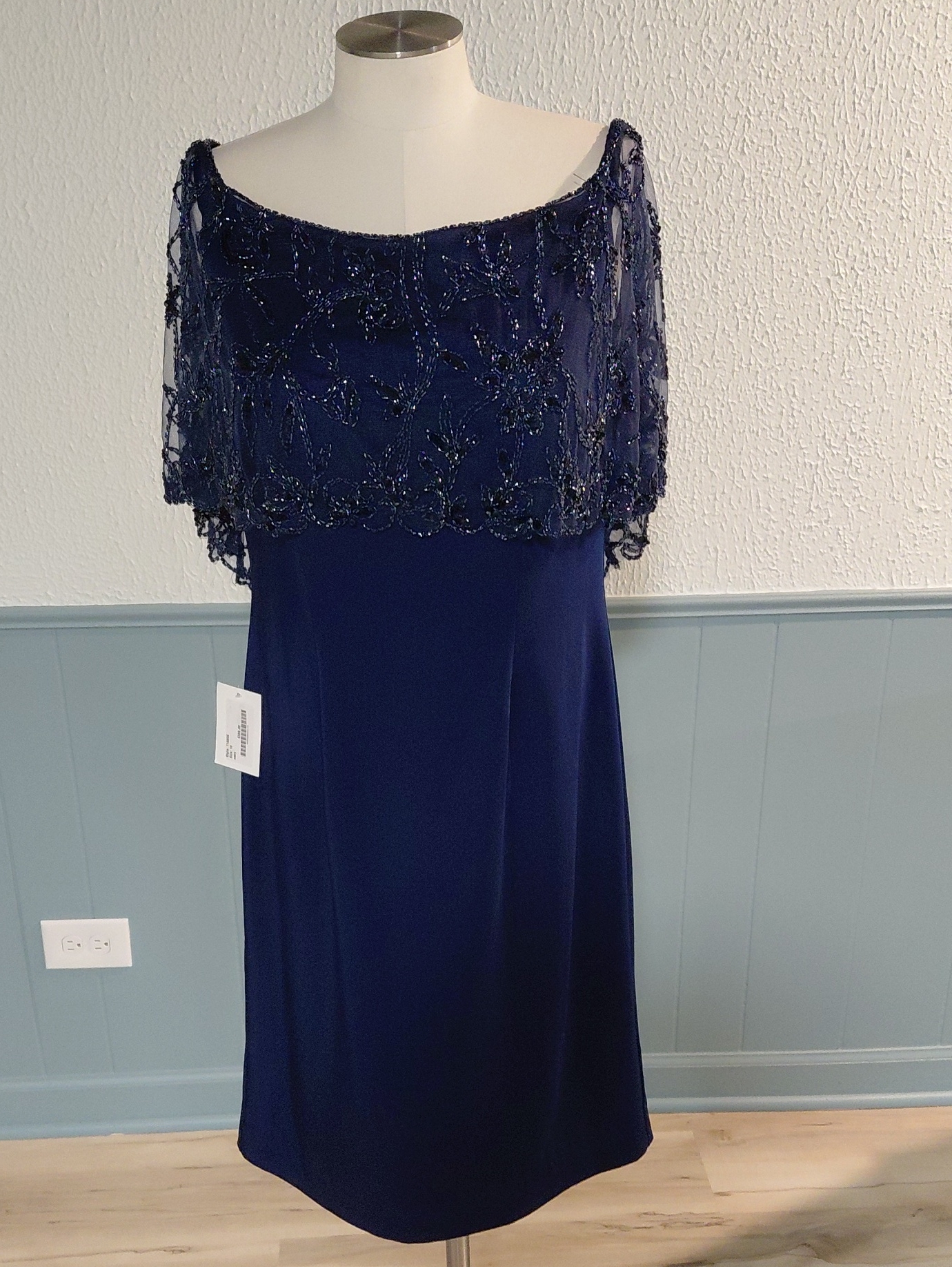 Social Occasions By Mon Cheri Navy Beaded Overlay Evening Dress